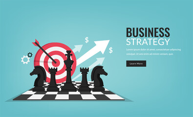 Business strategy concept with chess pieces symbol and target vector illustration. - obrazy, fototapety, plakaty