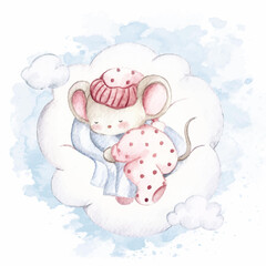 Watercolor cute unicorn sleeping on the cloud