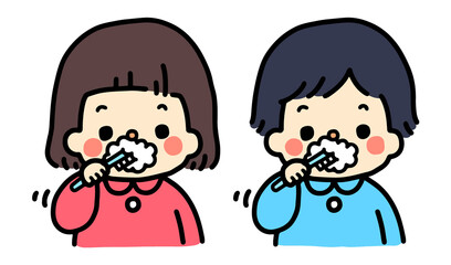 歯磨きをする女の子と男の子
