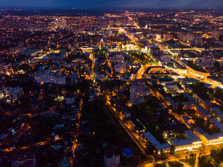 Aerial view of modern Voronezh cityscape in night lights, Russia..