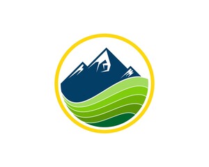 Yellow circle shape with nature farm and mountain