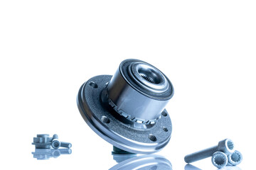 Accessories for cars. Set of new metal car part. Auto motor mechanic spare or automotive piece isolated on white background. Repair and vehicle service.