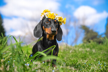 Portrait of cute dachshund puppy with beautiful white and yellow flower wreath on its head posing in meadow, front view, blurred background, copy space. Greeting postcard.