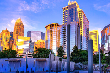 Skyline of Financial district in Charlotte, NC. Uptown Charlotte in NC is famous for financial. The view from Romare Bearden Park. - obrazy, fototapety, plakaty