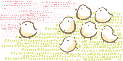春の気配につられて歩き始めるひよこたちの手描きイラスト