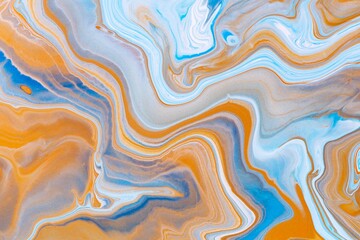 Fluid art texture. Abstract background with swirling paint effect. Liquid acrylic artwork that flows and splashes. Mixed paints for website background. Blue, orange and white overflowing colors