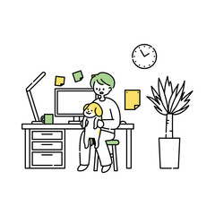 仕事部屋で犬を抱き上げる男性