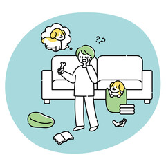 隠れている犬を探している男性