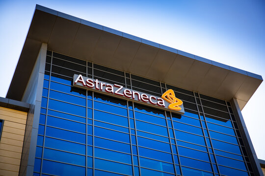 South San Francisco, CA, USA - February 24, 2021: Closeup of a AstraZeneca building corporate office, a British-Swedish pharmaceutical, biotechnology company with its headquarters in Cambridge, Englan