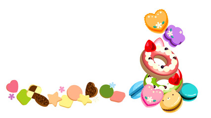 丸・花・ハートの形をしたカラフルなマカロンと2つのデコレーションドーナツ｜Colorful macaroons in the shape of circles, flowers and hearts and two decoration donuts