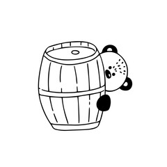 A bear and a barrel of honey. Vector flat contour illustration on an isolated white background. Doodle drawing is suitable for poster, sticker, print.