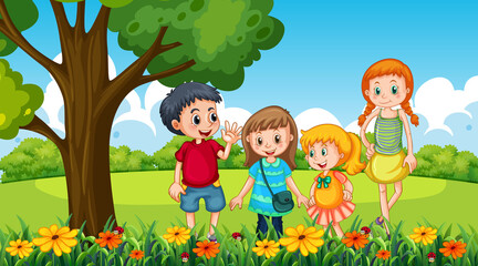 Obraz na płótnie Canvas Park scene with many children in the garden