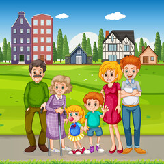 Outdoor scene with happy family