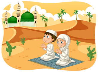 Obraz na płótnie Canvas Muslim sister and brother in praying position cartoon character