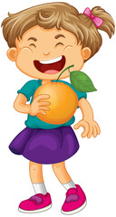 A girl holding an orange fruit cartoon character isolated on white background