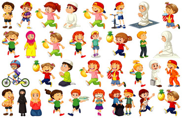 Children doing different activities cartoon character set on white background