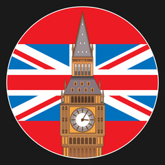 Fototapeta na wymiar Big Ben and the flag of the United Kingdom. Stylized image of the Tower of Elizabeth. Round sign, icon, emblem, symbol. Vector illustration
