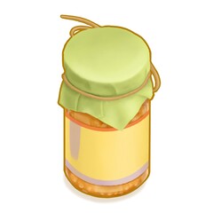 Fermented bean curd, a digital painting of glass jar package of yellow fermented tofu (bean cheese) vegetable food isometric cartoon icon raster 3D illustration on white background.