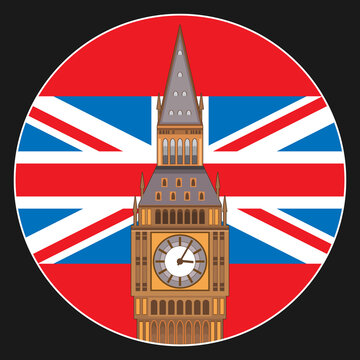 Big Ben and the flag of the United Kingdom. Stylized image of the Tower of Elizabeth. Round sign, icon, emblem, symbol. Vector illustration