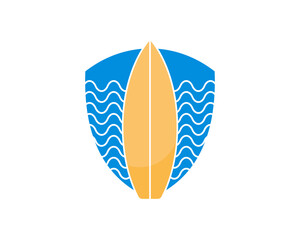 Blue shield with surf board in the middle