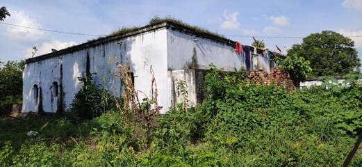 Corner view of ancient pucca house in village