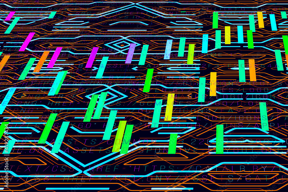 Poster abstract technological background in vibrant colors with a digital code.