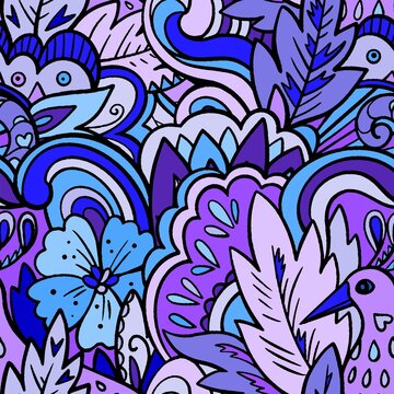 Doodle fairy seamless pattern with floral elements and mysterious bird.