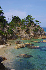 日本海の海辺　海と松　綺麗な海と伝統的な風景