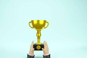 3D render of The business man's hand holds the trophy with both hands on the blue background , 3D illustration.