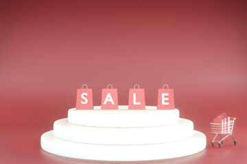 3d render of sale banner on podium white, on light red background, shopping bag in shopping carts,  3d illustration.