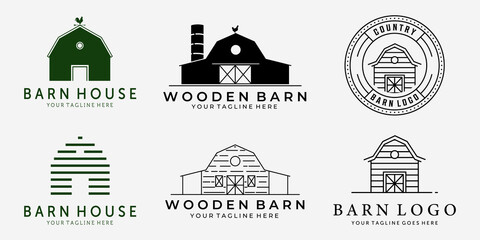 Set Bundle of Barn Vintage Line Art Vector Logo, Illustration Design of Barn Cabin Cottage Hut Garage Concept © PyruosID