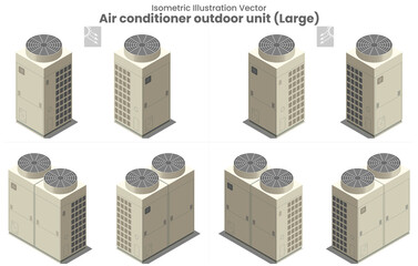 Isometric vector flat design of large air conditioner for systems or condensing unit as various type view of upper blow fan installation outside building of residential or manufacturing