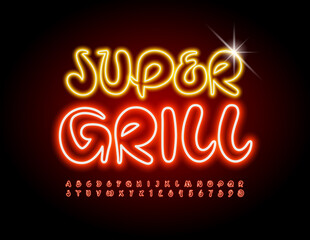 Vector creative banner Smoke Grill. Artistic bright Font. Red Neon Alphabet Letters and Numbers set