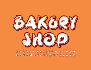 Vector stylish Sign Bakery Shop. Bright Playful Font. Artistic Alphabet Letters and Numbers