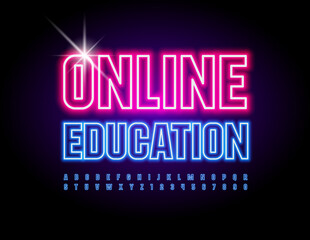 Vector neon sign Online Education. Blue light Font. Electric Alphabet Letters and Numbers set