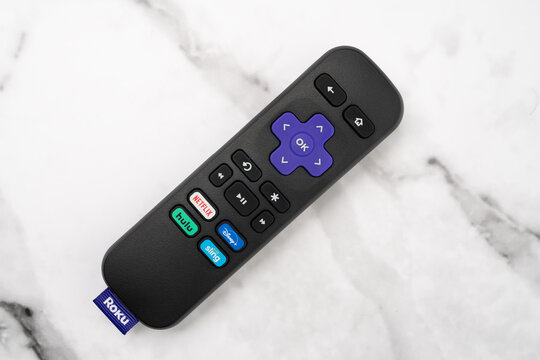 Roku remote for streaming service Illustrative editorial photographed on 03/05/2021 in Clarkston MI USA