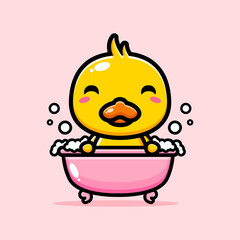 cute and happy duck animal cartoon character design is taking a bath in the bath