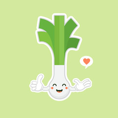 cute and kawaii scallion cartoon character. Spring onions character. Spring onions vector. Spring onions on color background. smiling leek vegetable cartoon illustration