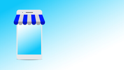 shopping online background. smartphone as shop with blank gradient blue screen with copy space for add text and decorative design