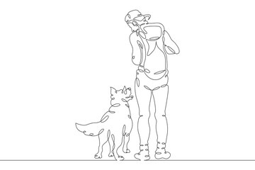 A man walking his dog. Owner with his pet. Dog breeding and dog training. One continuous drawing line  logo single hand drawn art doodle isolated minimal illustration.