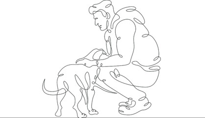 Fototapeta na wymiar A man walking his dog. Owner with his pet. Dog breeding and dog training. One continuous drawing line logo single hand drawn art doodle isolated minimal illustration.