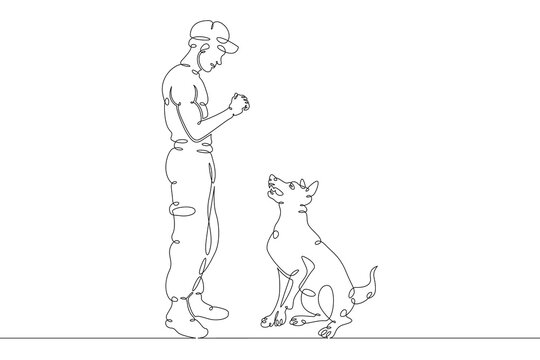 A man walking his dog. Owner with his pet. Dog breeding and dog training. One continuous drawing line  logo single hand drawn art doodle isolated minimal illustration.