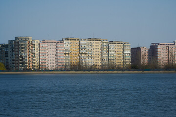 Lake Morii with blocks in the background, Bucharest, Romania.