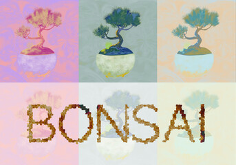 カラフル松盆栽三色「BONSAI」ロゴ入りピンク・緑・オレンジ系