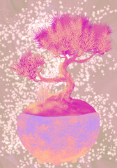 カラフルでポップな松の盆栽イラストレーション・パウダーパープル系