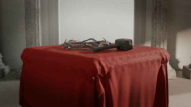 Crucifixion Of Jesus Christ - Cross With Hammer Nails And Crown Of Thorns on Red Cloth Table 3D Render