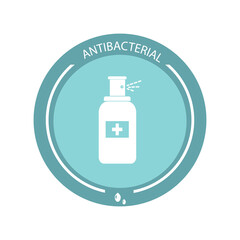 Antibacterial antiseptic for hand washing. Sticker. Information label, disinfectant. Medical alcohol sprays liquid. Prevention of the spread of bacteria and infection. Vector image.