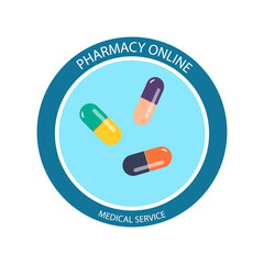 Online pharmacy on a round sticker. Medical information label for ordering and buying medicines on the Internet or stuck on medicines, goods, doors. Pills, capsules and a telephone. Medical service.