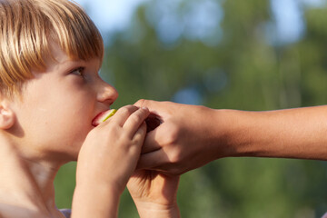 Little boy kid eating watermelon closeup side view. Male child with european face appearance biting...