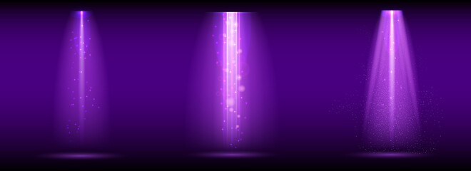 Fototapeta premium Purple spotlight. Set of bright lighting with spotlights of the stage with purple ducst on transparent background.